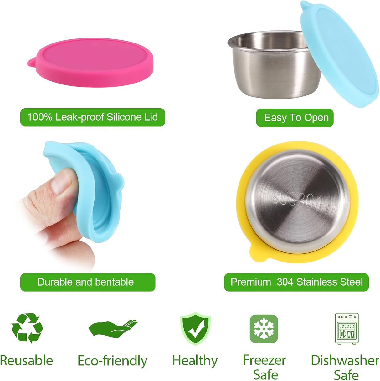 Salad Containers For Lunch To Go, 6x1.6 Oz Stainless Steel Condiment Containers With Lids, Leakproof Sauce Cups for Dipping, Salad Dressing, Meal Prep