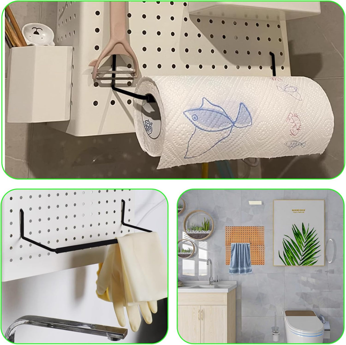 2 Pack Pegboard Towel Holder Pegboard Hooks for Paper Towels, Kitchen Towels, Stickers, Tapes Great Peg Board Organizer Accessories for Workshop, Garage, Kitchen
