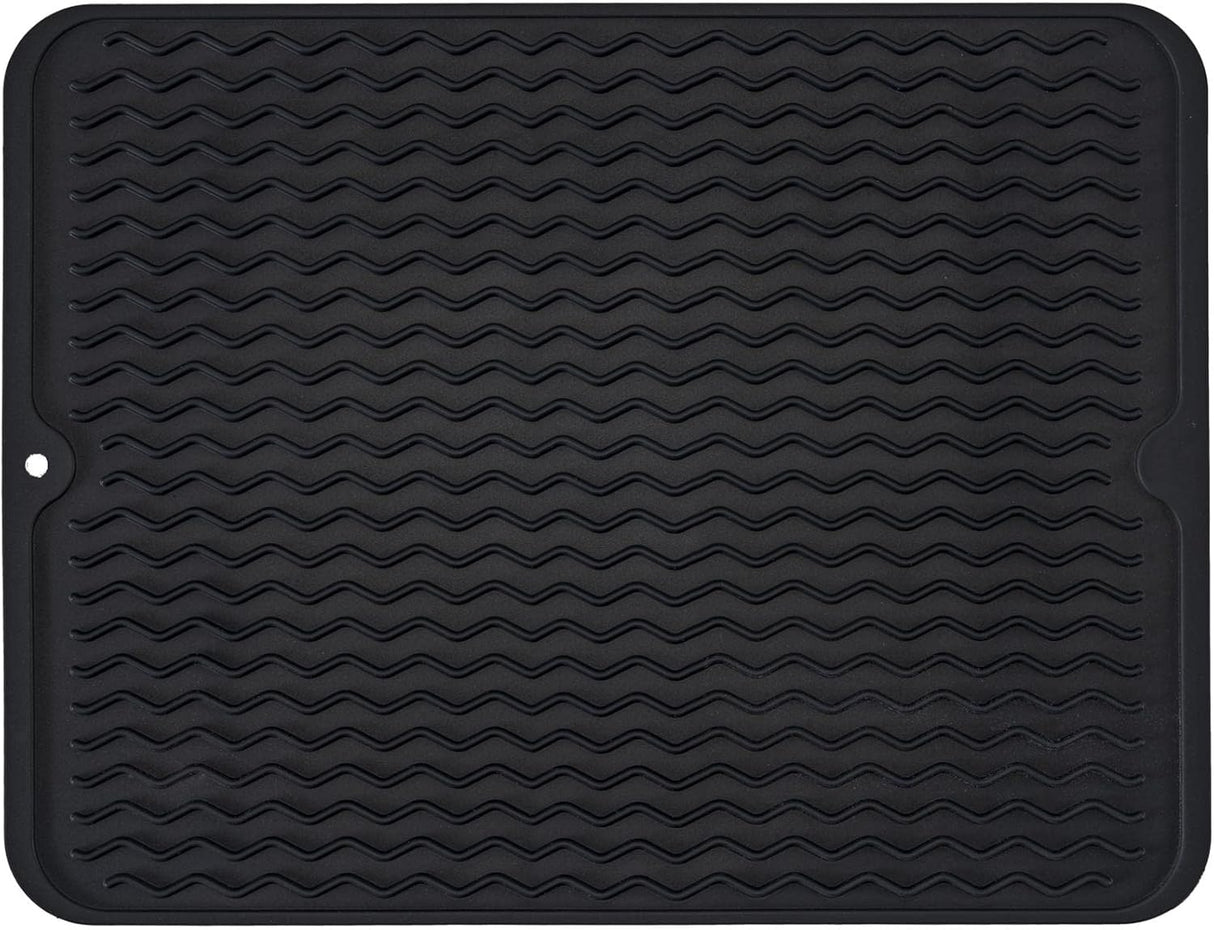 Silice Dish Drying Mat, N-Slip Easy Clean Sink Mat Large Heat-resistant Dish Drainer Mat for Kitchen Counter, Sink, Refrigerator or Drawer liner (16" x 12", BLACK)