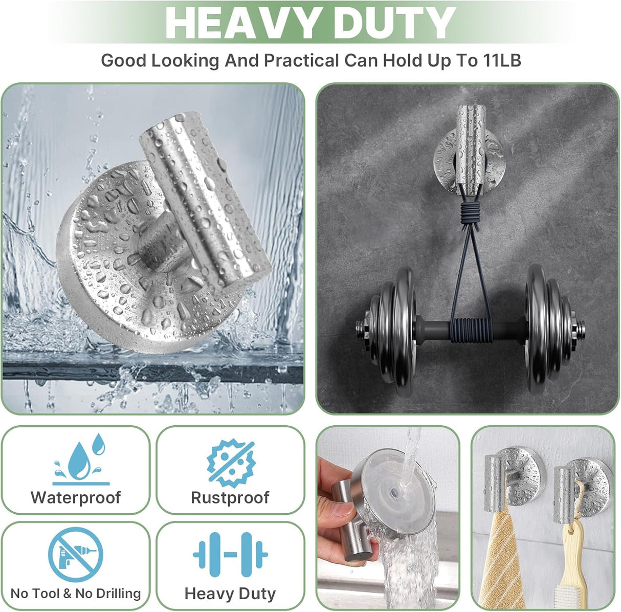 2 Pack Heavy Duty Sucti Cup Hooks - No Drill Shower Hooks for Bathroom, Kitchen & Glass Doors, Wall-Mounted Towel Holder, Hanging Hanger for Robes, Strg Hold Tile, Window, Mirrors - Silver