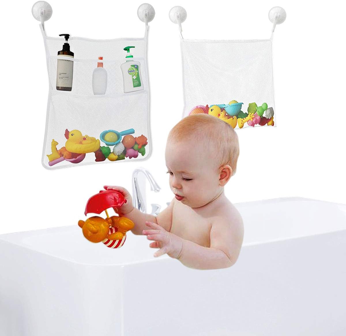 Petluno Bath Toy Organizer Mesh Storage Baby Shower Toys Bathtub Net Bag Kids Quick Dry Holder 2 X Bathroom & 6 Strong Suction Hooks (White)