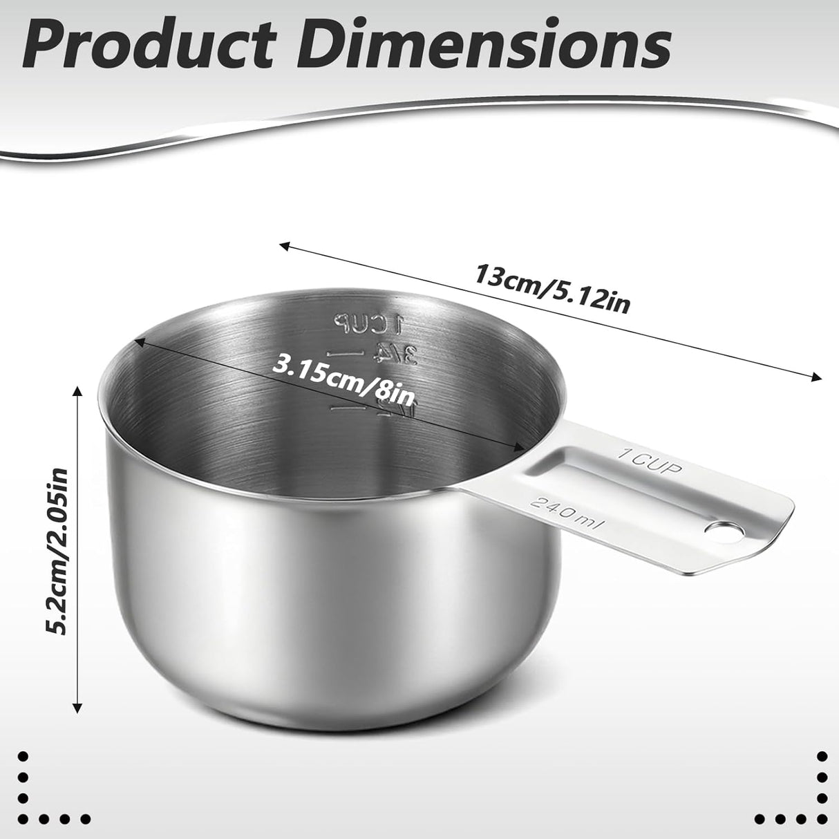Xindojuz 1 Cup Single Stainless Steel Measuring Cup, Etched Inner Scale Metal Measure Scoop for Cooking Baking, Laundry Detergent, Wet and Dry Ingredients, Dishwasher Safe (240 ml, 8 oz)