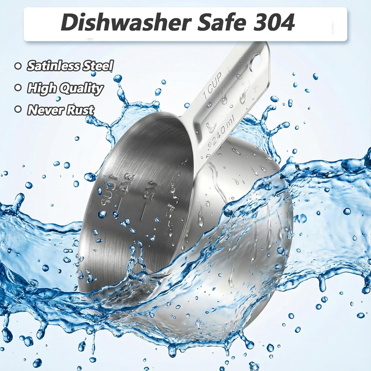 Xindojuz 1 Cup Single Stainless Steel Measuring Cup, Etched Inner Scale Metal Measure Scoop for Cooking Baking, Laundry Detergent, Wet and Dry Ingredients, Dishwasher Safe (240 ml, 8 oz)