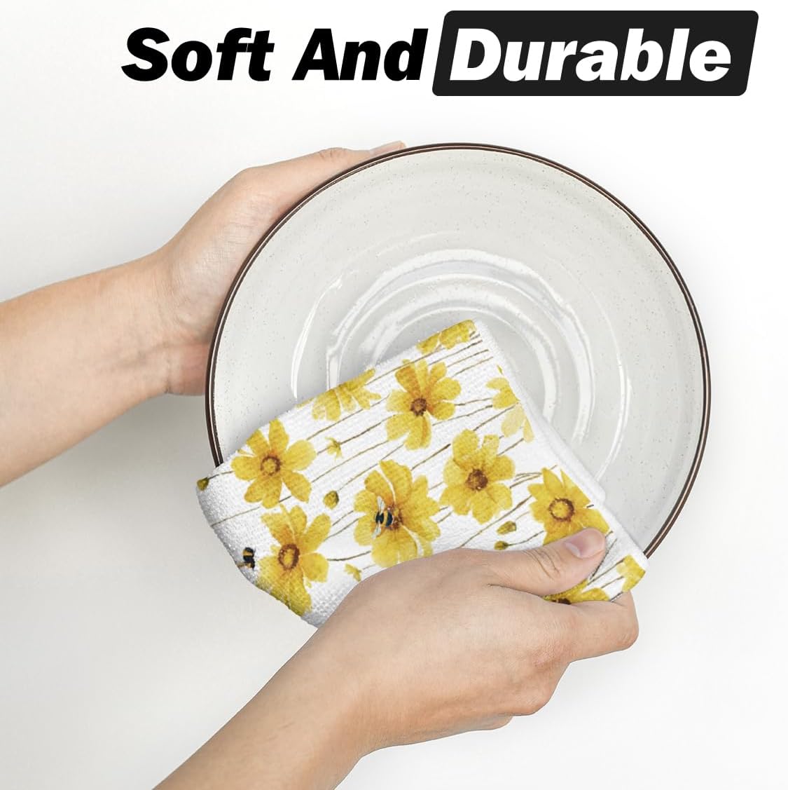 Yellow Flowers Bee Hello Sunshine Spring Kitchen Towels Dish Towels, 18x26 Inch Summer Holiday Decoration Hand Towels Set of 2