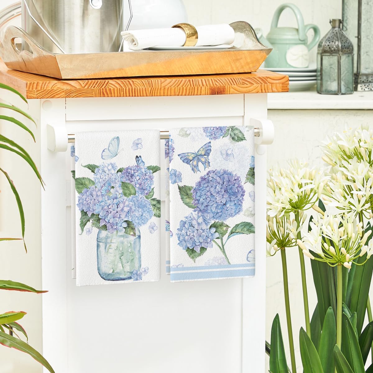 Hydrangea Vase Butterfly Spring Kitchen Towels Dish Towels, 18x26 Inch Summer Flowers Holiday Decoration Hand Towels Set of 2
