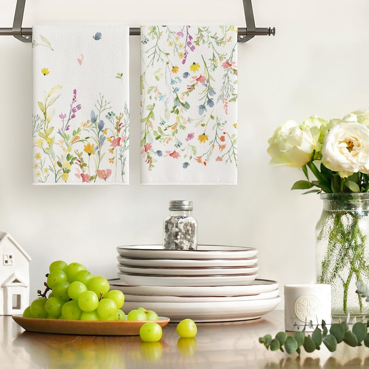 Wildflower Floral Spring Kitchen Towels Dish Towels, 18x26 Inch Farmhouse Summer Decoration Hand Towels Set of 2