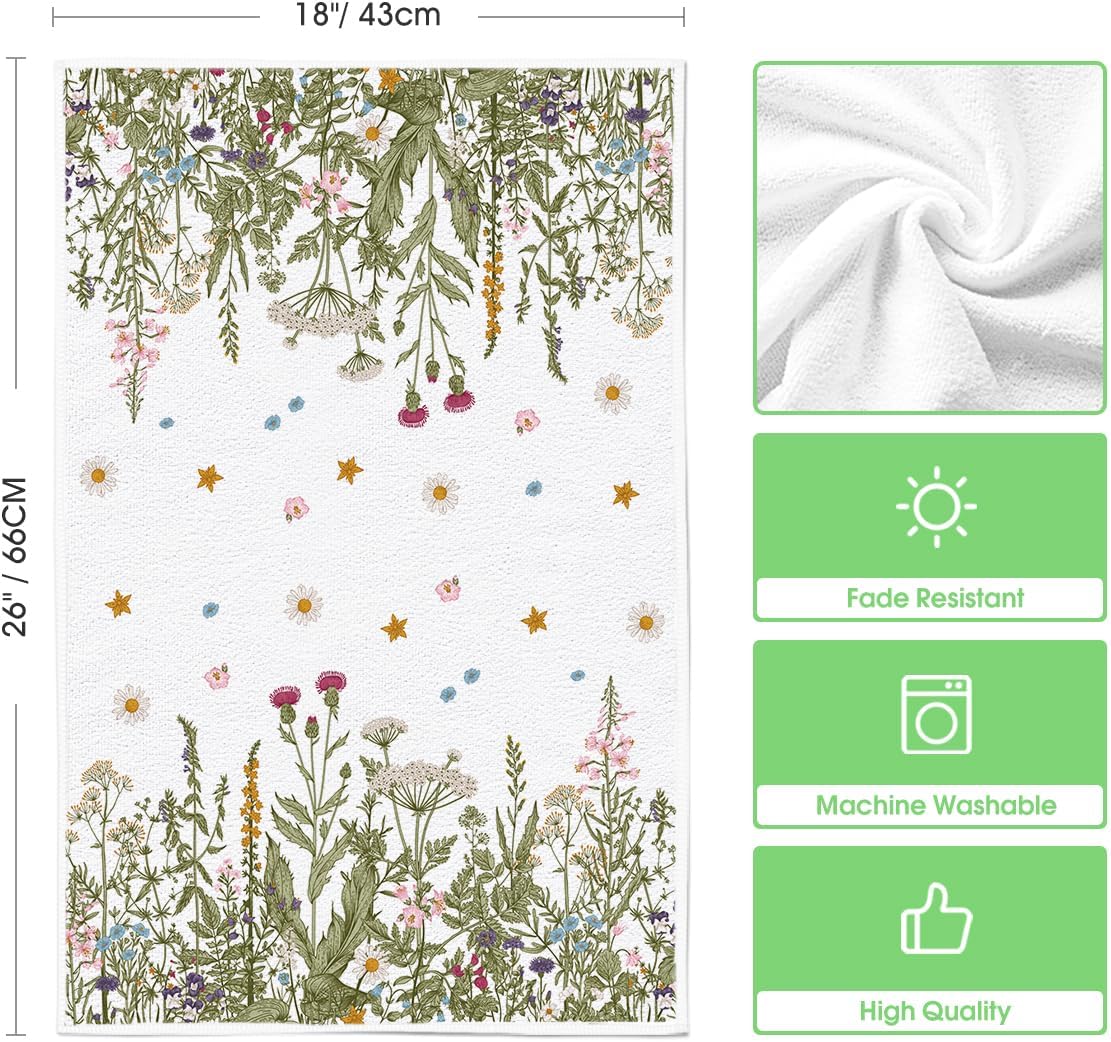 Wildflower Floral Kitchen Towels Dish Towels, 18x26 Inch Leaves Holiday Decoration Hand Towels Set of 2