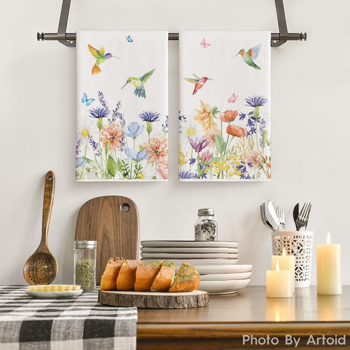 Anemone Flower Hummingbird Kitchen Towels Dish Towels, 18x26 Inch Seasonal Spring Summer Wild Floral Holiday Decoration Hand Towels Set of 2