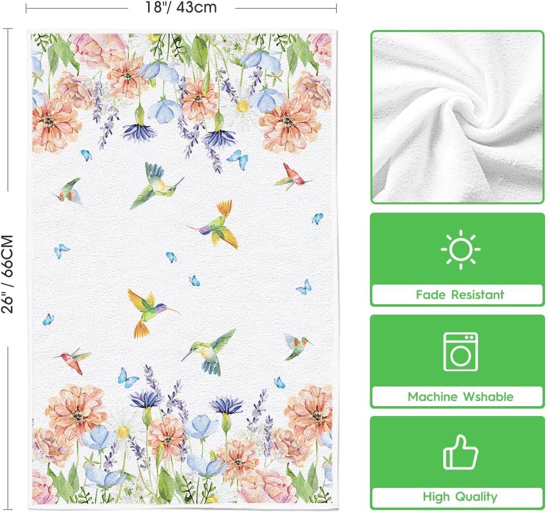 Anemone Flower Hummingbird Kitchen Towels Dish Towels, 18x26 Inch Seasonal Spring Summer Wild Floral Holiday Decoration Hand Towels Set of 2