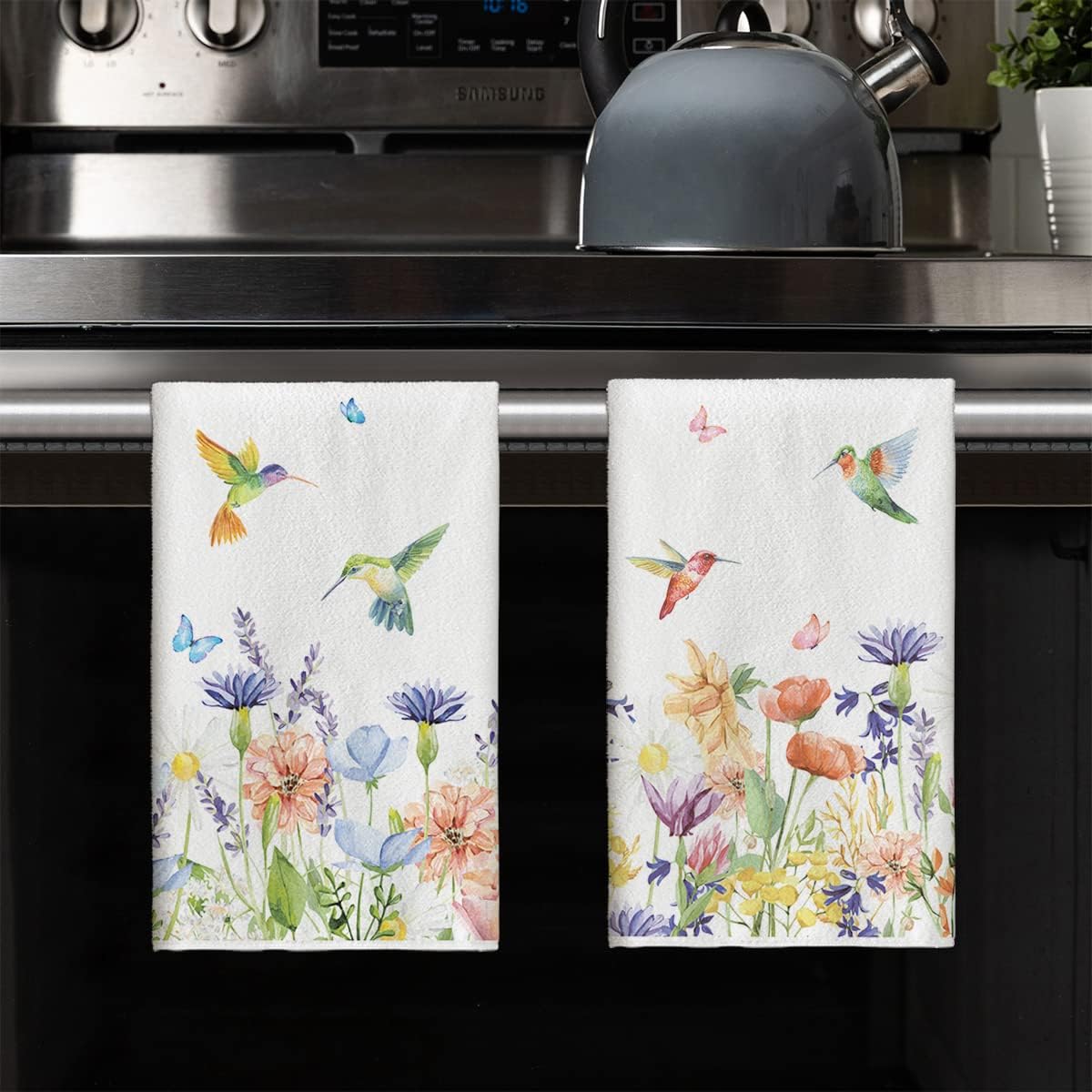 Anemone Flower Hummingbird Kitchen Towels Dish Towels, 18x26 Inch Seasonal Spring Summer Wild Floral Holiday Decoration Hand Towels Set of 2