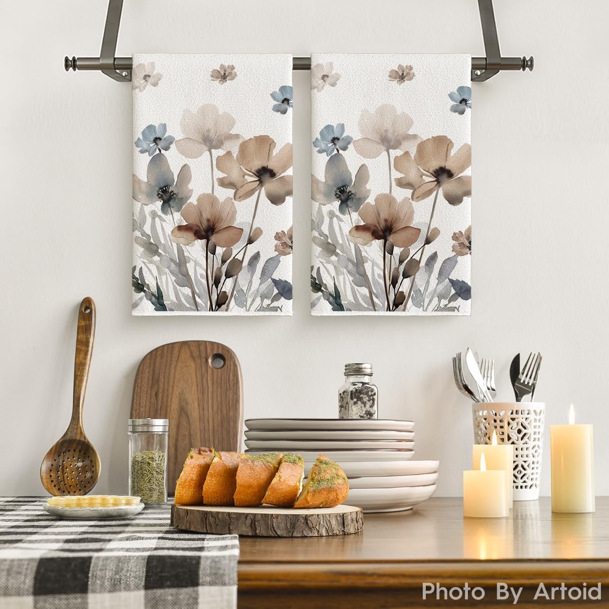Brown Poppy Floral Leaves Spring Kitchen Towels Dish Towels, 18x26 Inch Seasonal Summer Decoration Hand Towels Set of 2