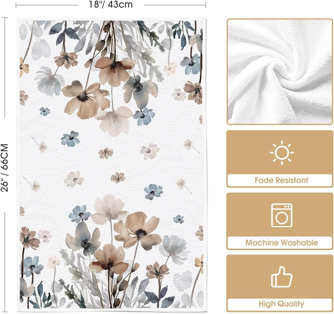 Brown Poppy Floral Leaves Spring Kitchen Towels Dish Towels, 18x26 Inch Seasonal Summer Decoration Hand Towels Set of 2