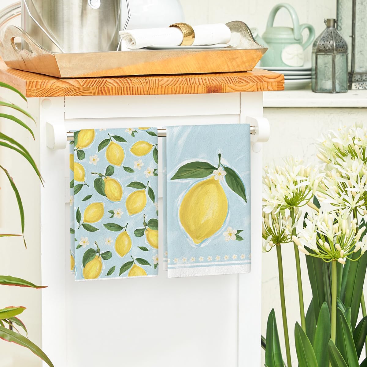 Lemon Flower Summer Kitchen Towels Dish Towels, 18x26 Inch Seasonal Summer Decoration Hand Towels Set of 2