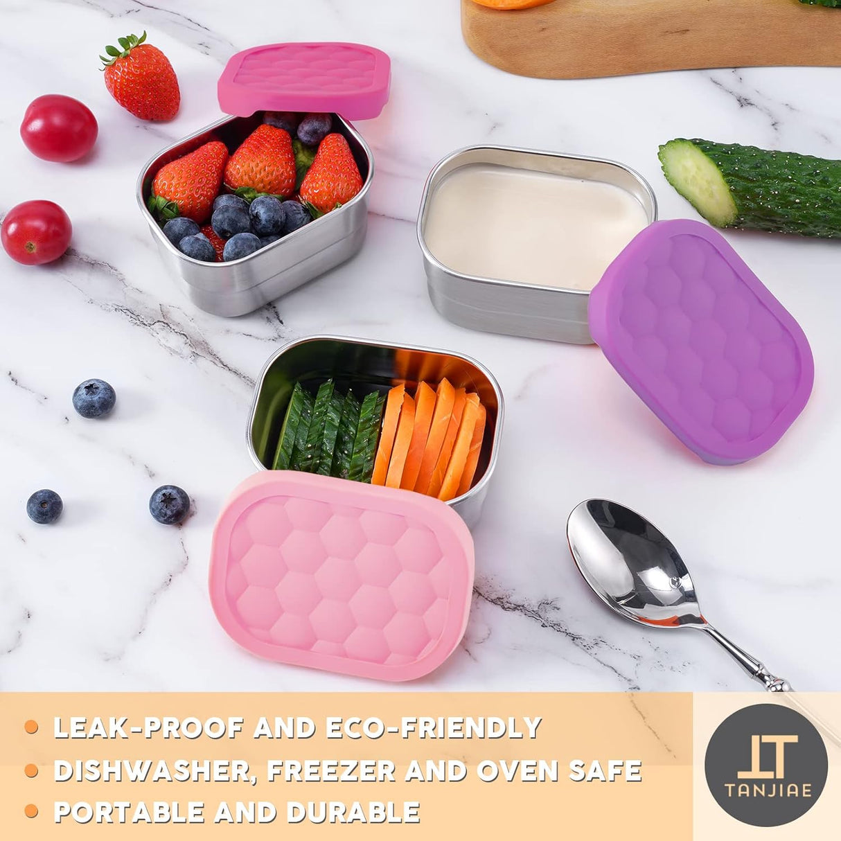 Small (1 CUP) Stainless Steel Snack Containers for Kids | Easy Open Leak Proof Food Containers with Silicone Lids - Perfect l Toddler Lunch Box for Daycare and School (8oz)