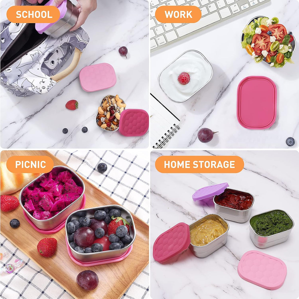 Small (1 CUP) Stainless Steel Snack Containers for Kids | Easy Open Leak Proof Food Containers with Silicone Lids - Perfect l Toddler Lunch Box for Daycare and School (8oz)