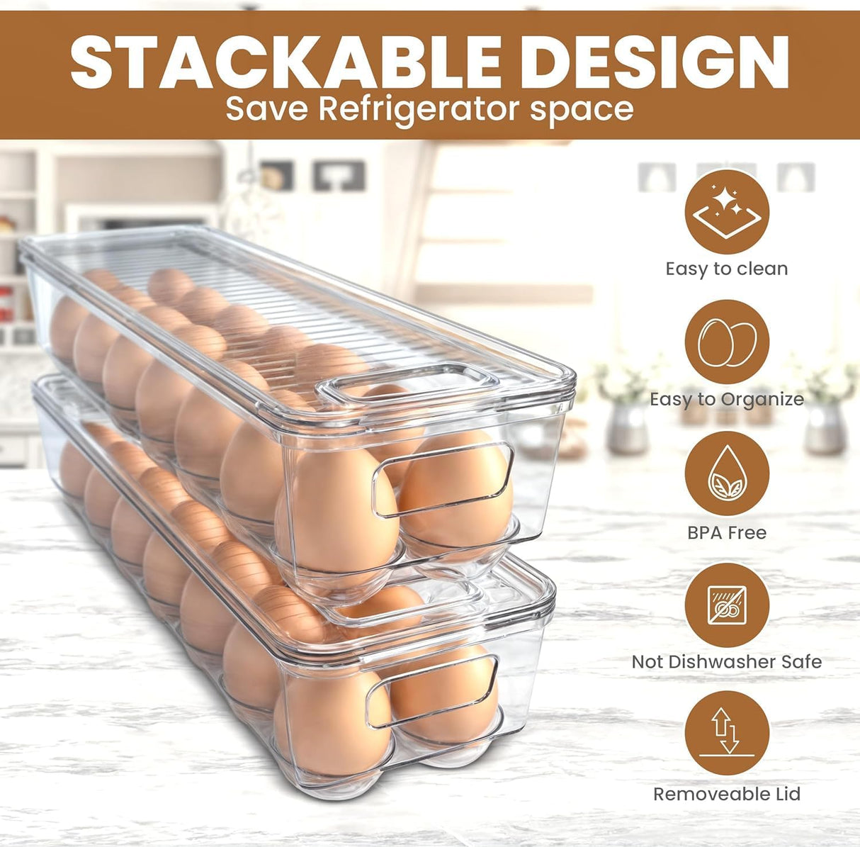 Pack of 2 - Egg Basket for fridge - Egg Holder for Fridge - 14 Egg Container With Lid & Handle, Egg Container For Refrigerator, Stackable Plastic Egg Tray with Lids (Clear)