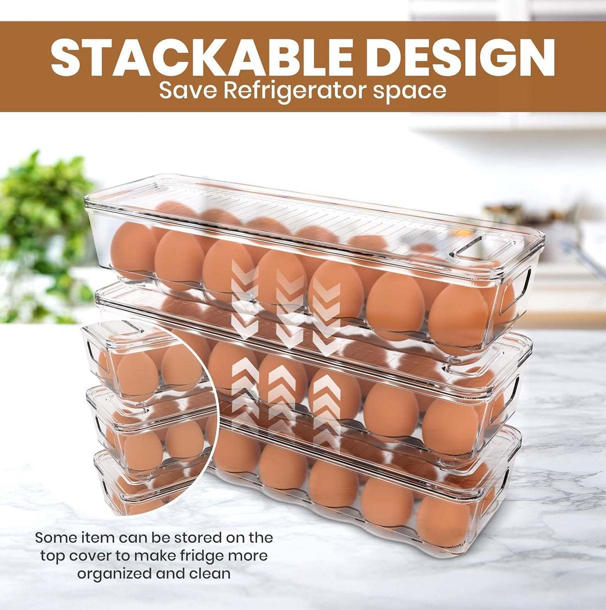 Pack of 2 - Egg Basket for fridge - Egg Holder for Fridge - 14 Egg Container With Lid & Handle, Egg Container For Refrigerator, Stackable Plastic Egg Tray with Lids (Clear)