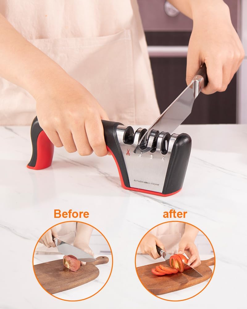 4-in-1 Knife Sharpener, Kitchen Knife Accessories for Ceramic Knives, Steel Knives and Scissors, Aiding in Repair, Restoration, and Polishing of Blades