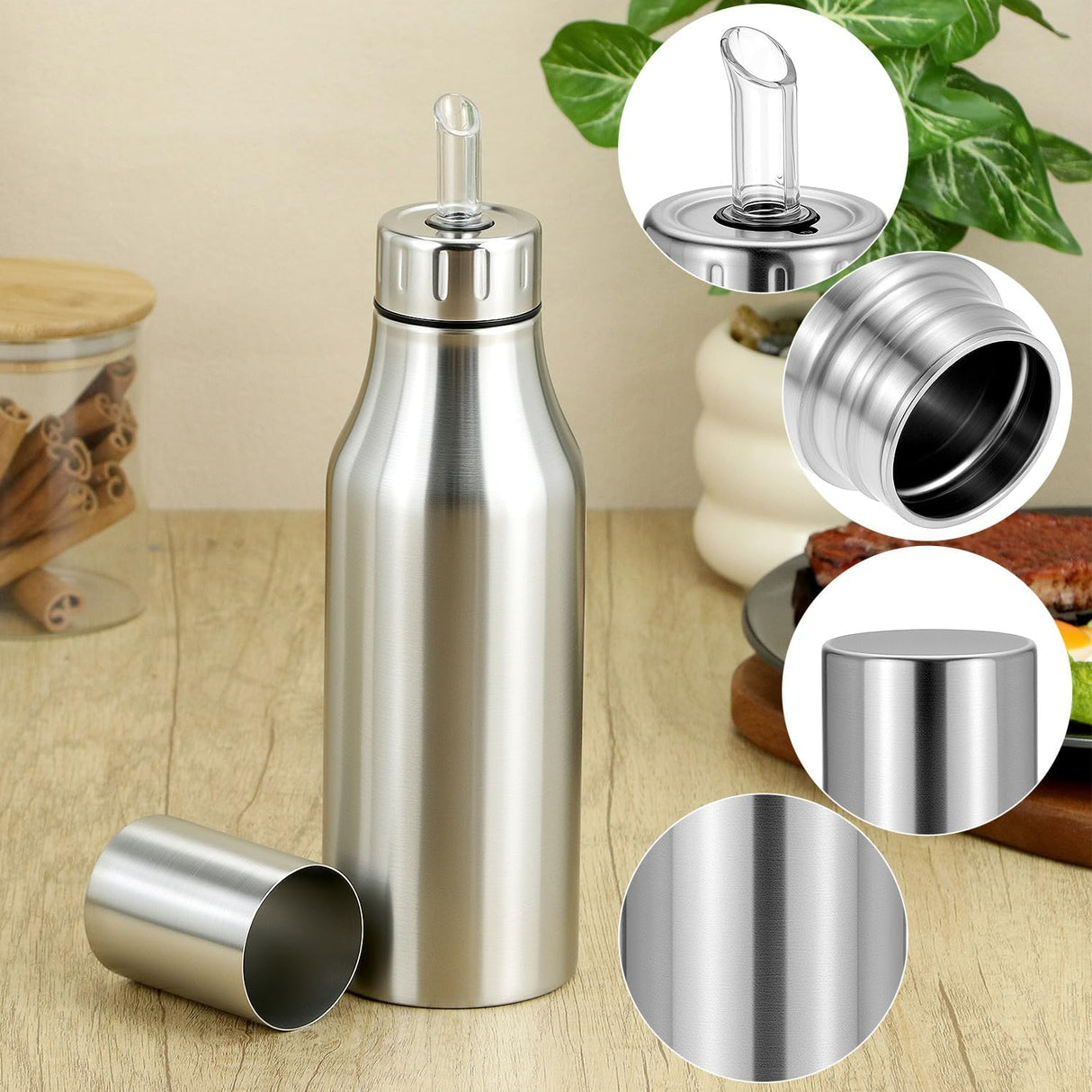 304 Stainless Steel Olive Oil Dispenser Bottle, 25oz Oil Decanter with Easy Pour Spout, Anti-Drip Design, 750ml Oil Cruet for Kitchen Cooking & Salad Dressing, 2.9W x 10.2H