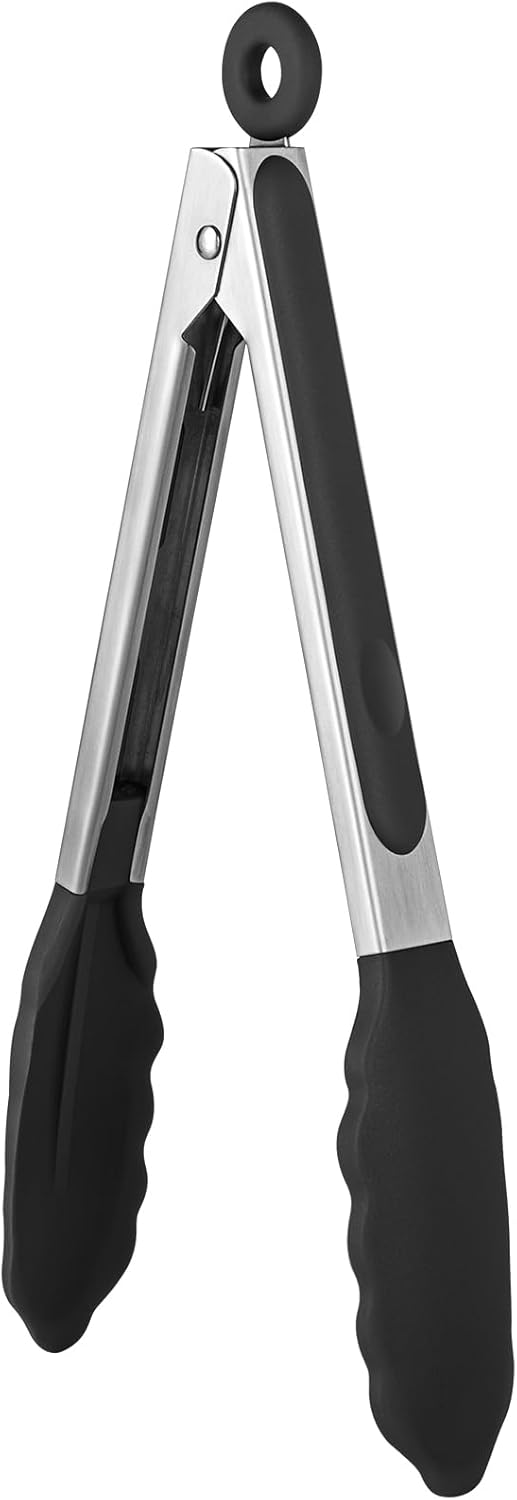 600ºF Heat Resistant Kitchen Tongs: 9 inch Silicone Cooking Tong with Firm Sealed Non Stick Rubber Tips & Silicon Coated 18/8 Stainless Steel Handle & Smooth Locking for Serving Salad (Black)