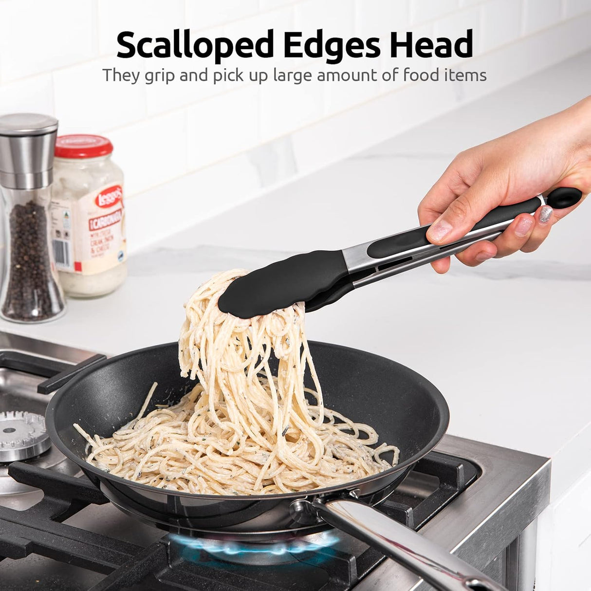 600ºF Heat Resistant Kitchen Tongs: 9 inch Silicone Cooking Tong with Firm Sealed Non Stick Rubber Tips & Silicon Coated 18/8 Stainless Steel Handle & Smooth Locking for Serving Salad (Black)