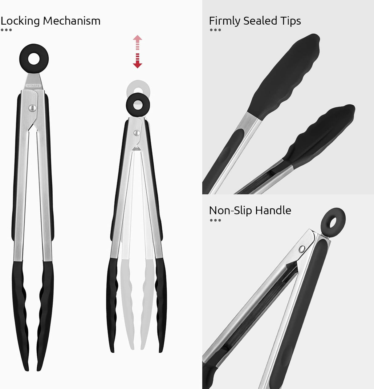600ºF Heat Resistant Kitchen Tongs: 9 inch Silicone Cooking Tong with Firm Sealed Non Stick Rubber Tips & Silicon Coated 18/8 Stainless Steel Handle & Smooth Locking for Serving Salad (Black)