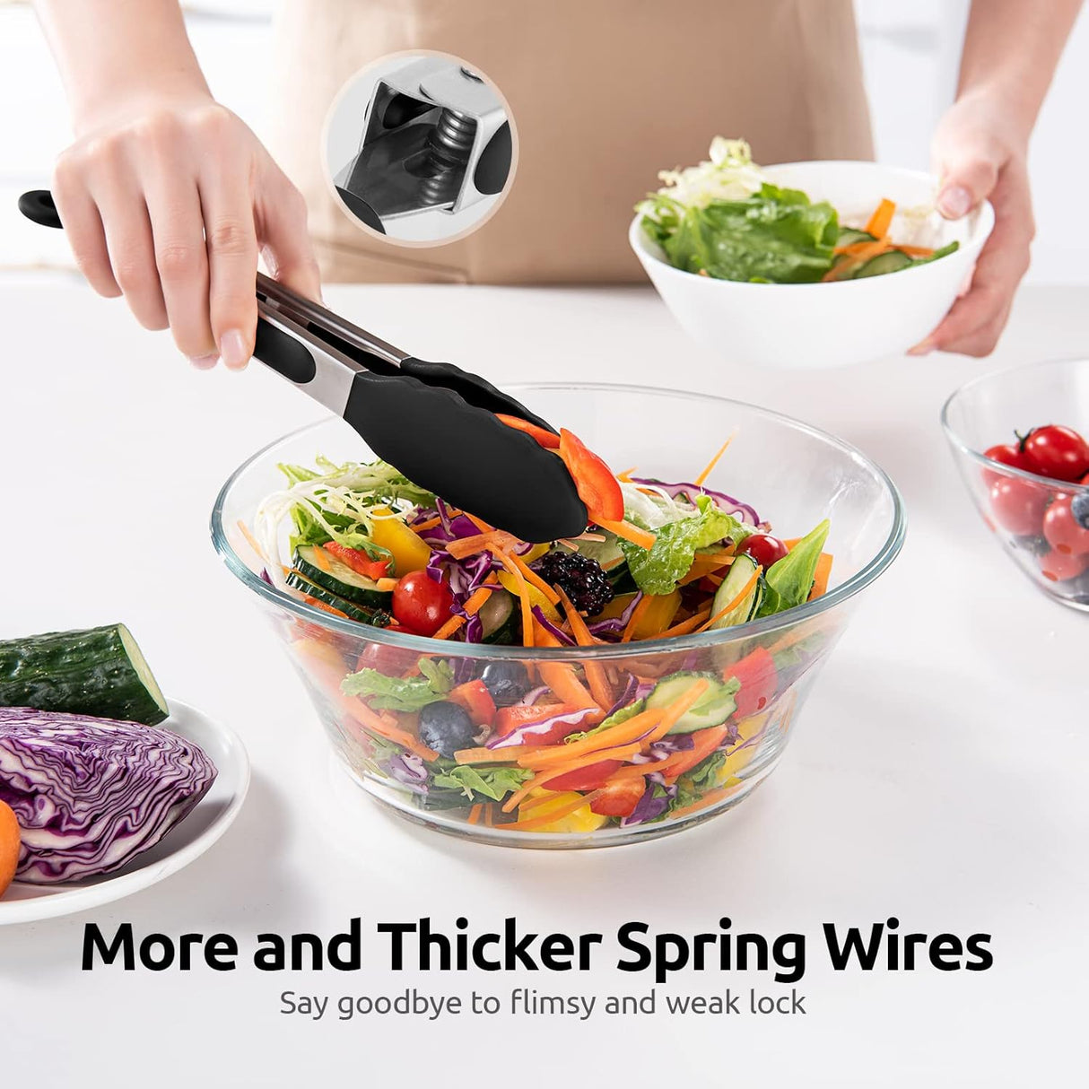 600ºF Heat Resistant Kitchen Tongs: 9 inch Silicone Cooking Tong with Firm Sealed Non Stick Rubber Tips & Silicon Coated 18/8 Stainless Steel Handle & Smooth Locking for Serving Salad (Black)