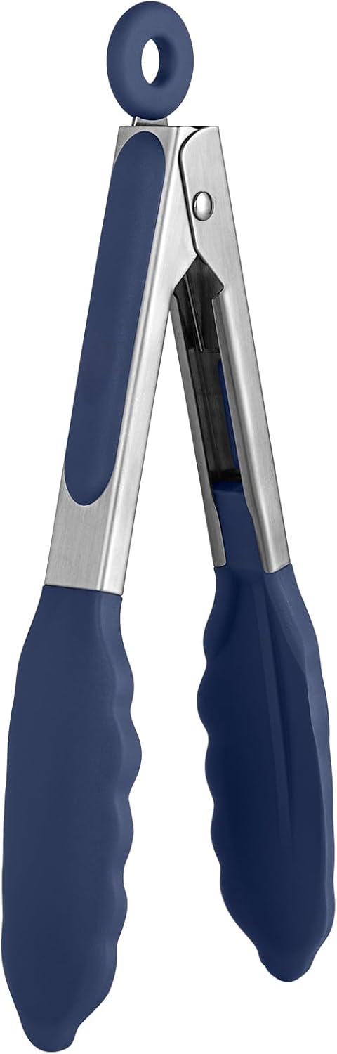 480ºF Heat Proof Kitchen Tong: 7" Silicone Cooking Tong with Firm Sealed Non Stick Rubber Tips & Silicon Coated 18/8 Stainless Steel Handle & Smooth Locking for Serving Salad (Midnight Blue)