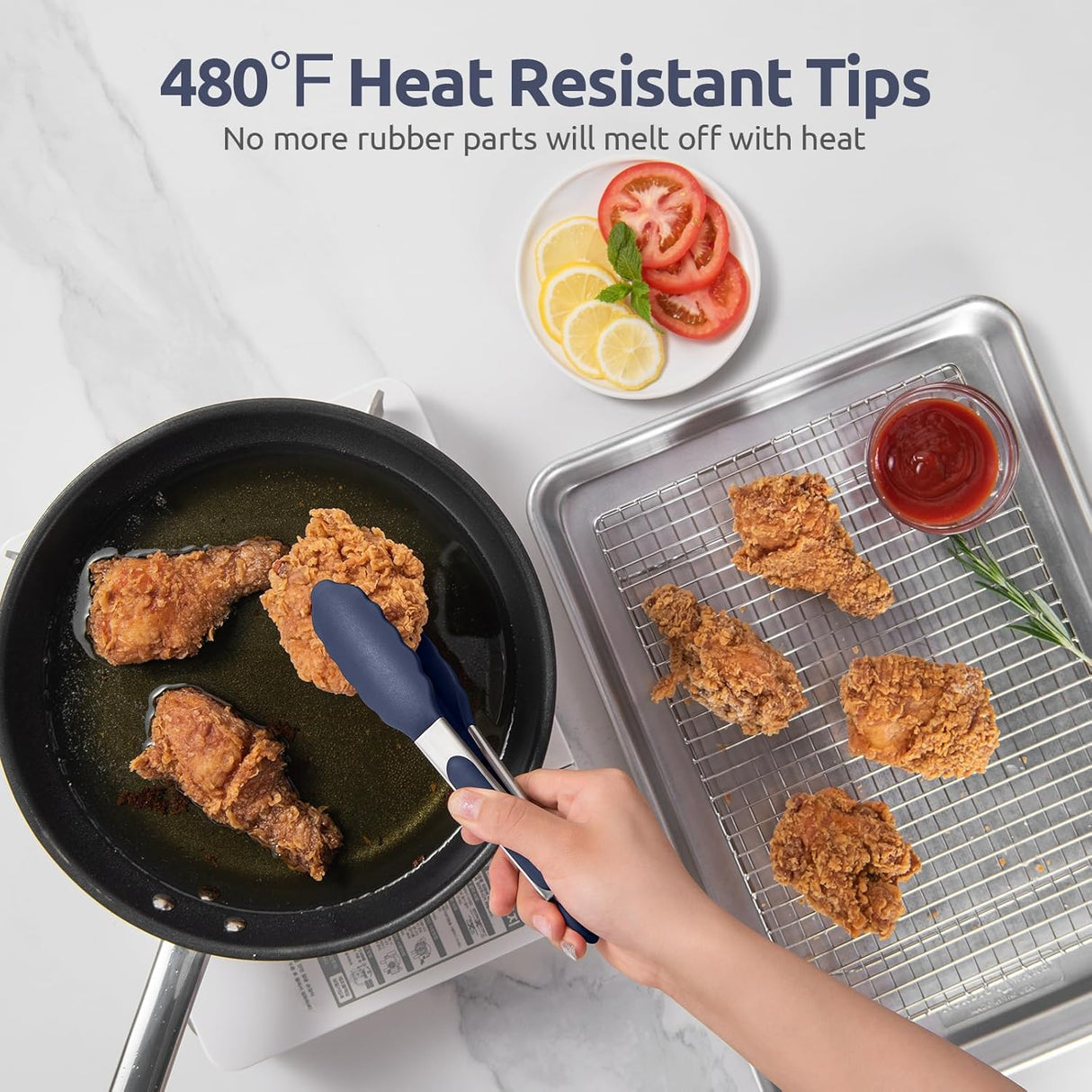 480ºF Heat Proof Kitchen Tong: 7" Silicone Cooking Tong with Firm Sealed Non Stick Rubber Tips & Silicon Coated 18/8 Stainless Steel Handle & Smooth Locking for Serving Salad (Midnight Blue)