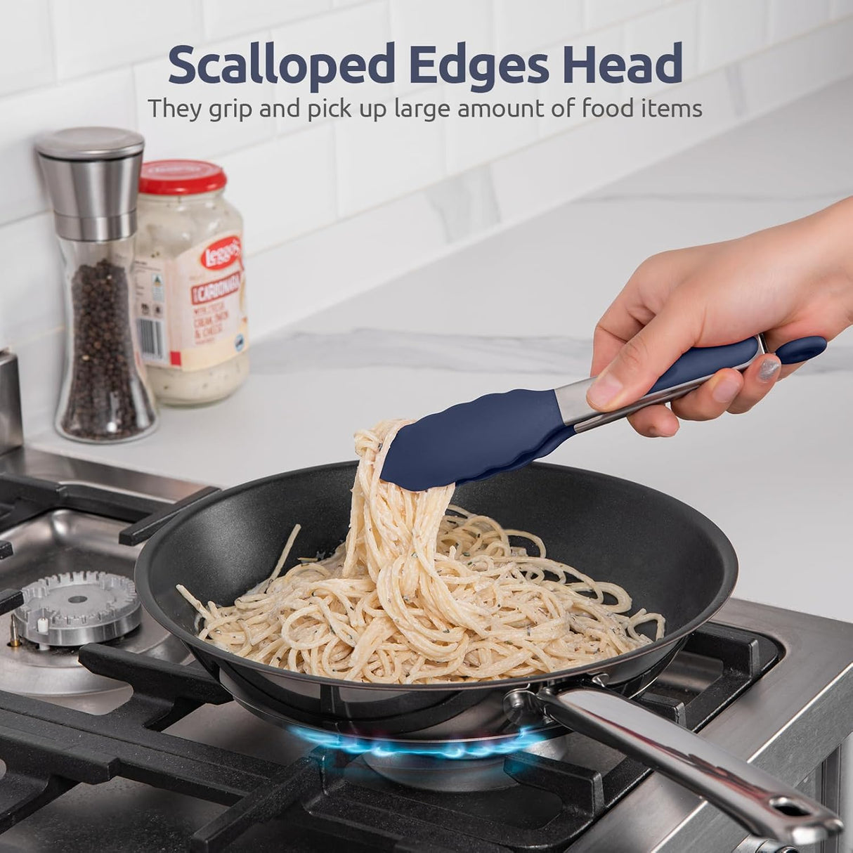 480ºF Heat Proof Kitchen Tong: 7" Silicone Cooking Tong with Firm Sealed Non Stick Rubber Tips & Silicon Coated 18/8 Stainless Steel Handle & Smooth Locking for Serving Salad (Midnight Blue)
