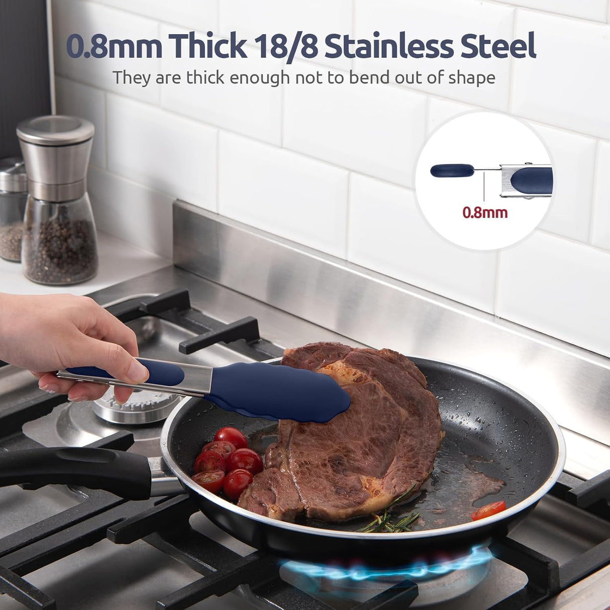 480ºF Heat Proof Kitchen Tong: 7" Silicone Cooking Tong with Firm Sealed Non Stick Rubber Tips & Silicon Coated 18/8 Stainless Steel Handle & Smooth Locking for Serving Salad (Midnight Blue)