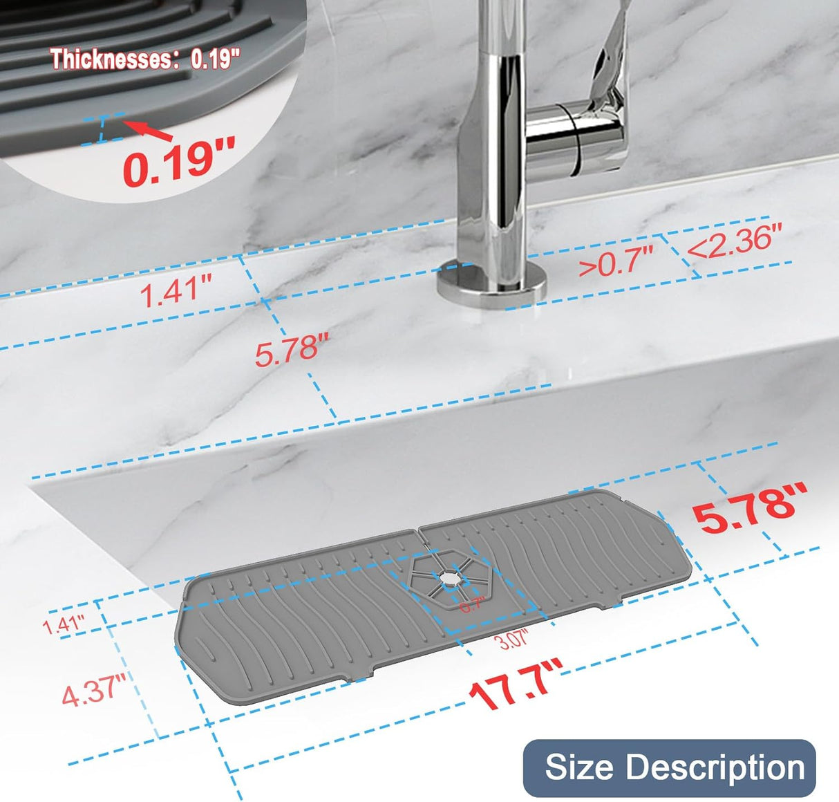 Sink Drain Mat Behind Faucet,Faucet Guard Draining Mat, 90° Foldable Tap Draining Mat for Kitchen Sink with 2 Water Ports, Faucet Drain Mats for Kitchen, Bathroom, etc (Gray, 17.7"*5.78")
