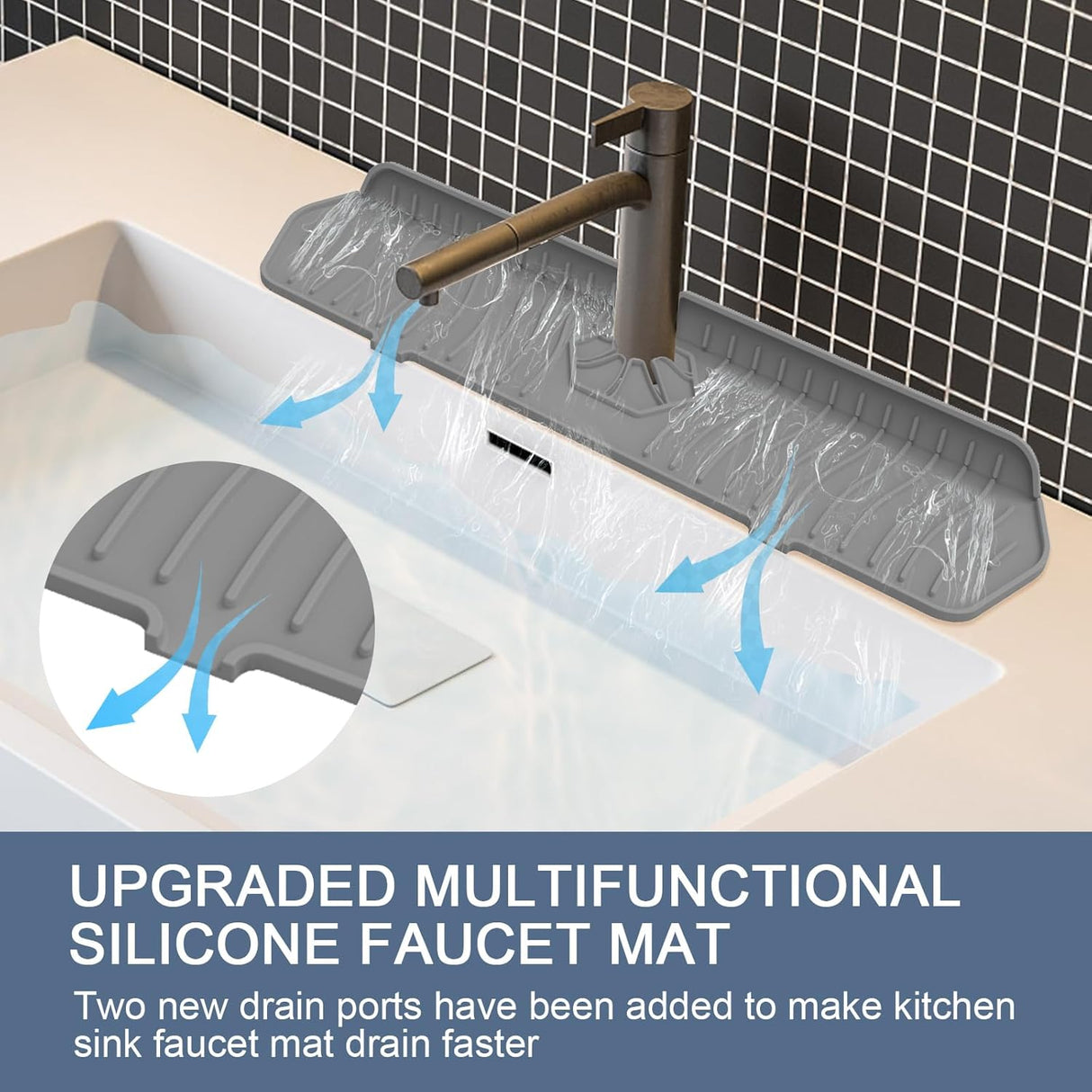 Sink Drain Mat Behind Faucet,Faucet Guard Draining Mat, 90° Foldable Tap Draining Mat for Kitchen Sink with 2 Water Ports, Faucet Drain Mats for Kitchen, Bathroom, etc (Gray, 17.7"*5.78")
