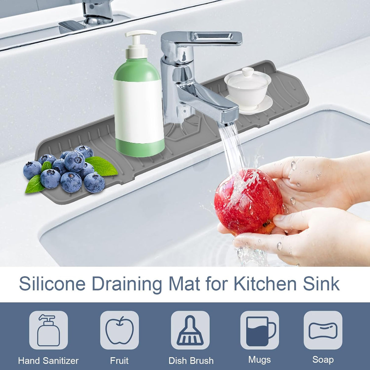 Sink Drain Mat Behind Faucet,Faucet Guard Draining Mat, 90° Foldable Tap Draining Mat for Kitchen Sink with 2 Water Ports, Faucet Drain Mats for Kitchen, Bathroom, etc (Gray, 17.7"*5.78")