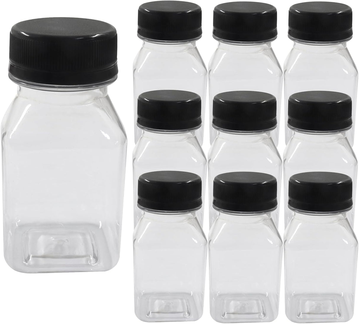 10 Pack 4oz Plastic Juice Bottles, Reusable Beverage Containers Clear with Black Lids, Versatile Drink Containers for Juice, Smoothies, Milk and Homemade Beverages, 120 mL