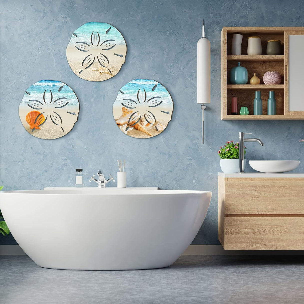 3 Pcs Summer Coastal Wall Decor Bathroom Beach Blue Wall Art Sea Turtle Surfboard Seahorse Starfish Seashell Conches Crabs Sea Life Decor for Bedroom Home (Sand Dollar Style)