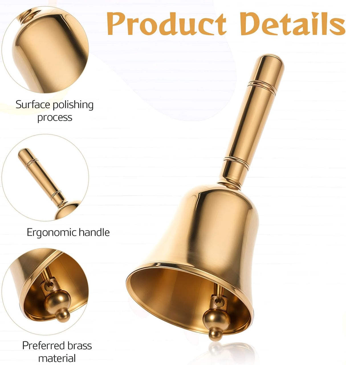 Dinner Bell, Super Loud Solid Brass Call Bells with Metal Handle, 3.9" Small Ring Handbell for Wedding, Classroom, Meditation, Animal Training, Teaching and Seniors Bedside (Gold)