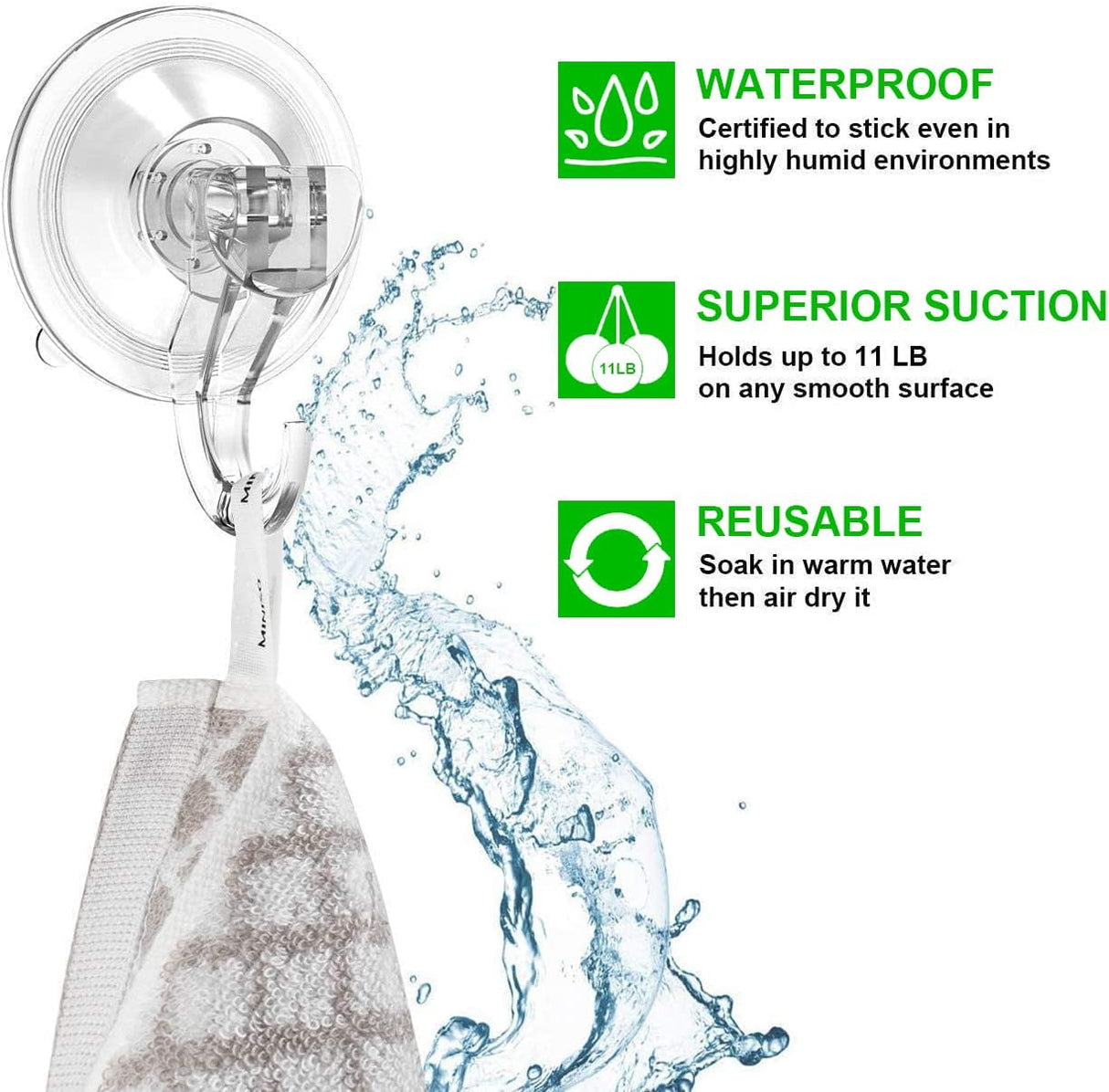 Suction Cup Hooks - 4 Pack Suction Hooks Reusable Powerful Waterproof - Clear Removable Suction Hanger for Christmas Wreath, Shower,Tile,Bathroom,Towel,Kitchen
