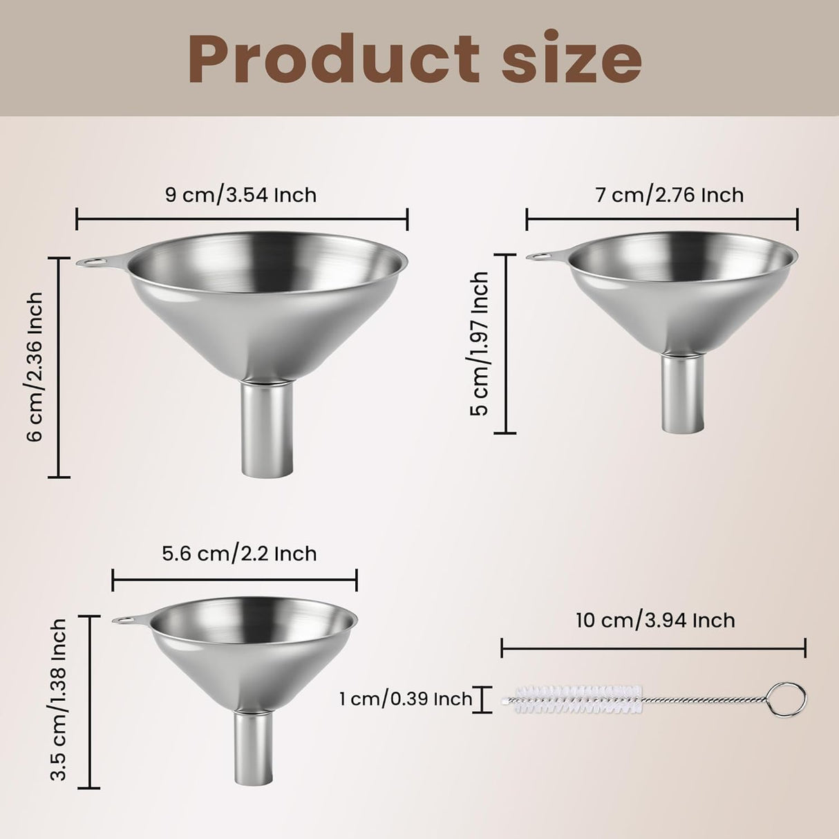 Kitchen Funnel, Stainless Steel Mini Funnel, Set of 3, Perfect for Transferring Liquids, Oils, Powders, Spices, with Round Ring and Cleaning Brush