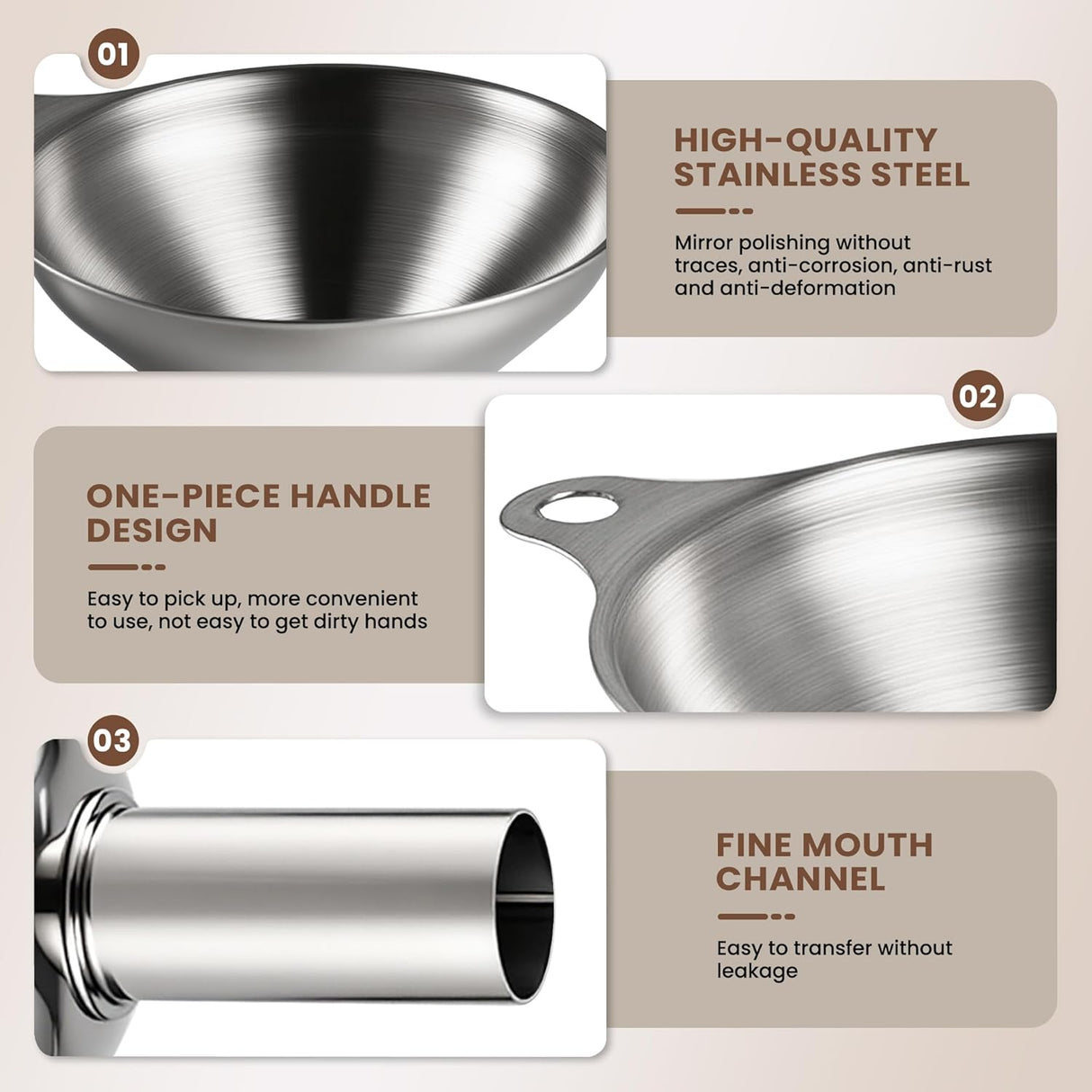 Kitchen Funnel, Stainless Steel Mini Funnel, Set of 3, Perfect for Transferring Liquids, Oils, Powders, Spices, with Round Ring and Cleaning Brush