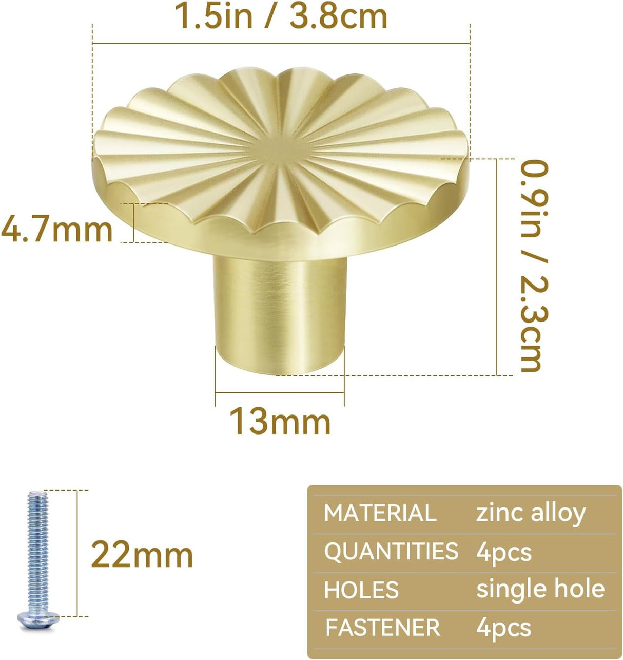 4 Pack Cabinet Knobs Zinc Alloy Solid Kitchen Cabinet Pulls Brushed Gold Drawer Knobs Dresser Cabinet Handles (37 mm)