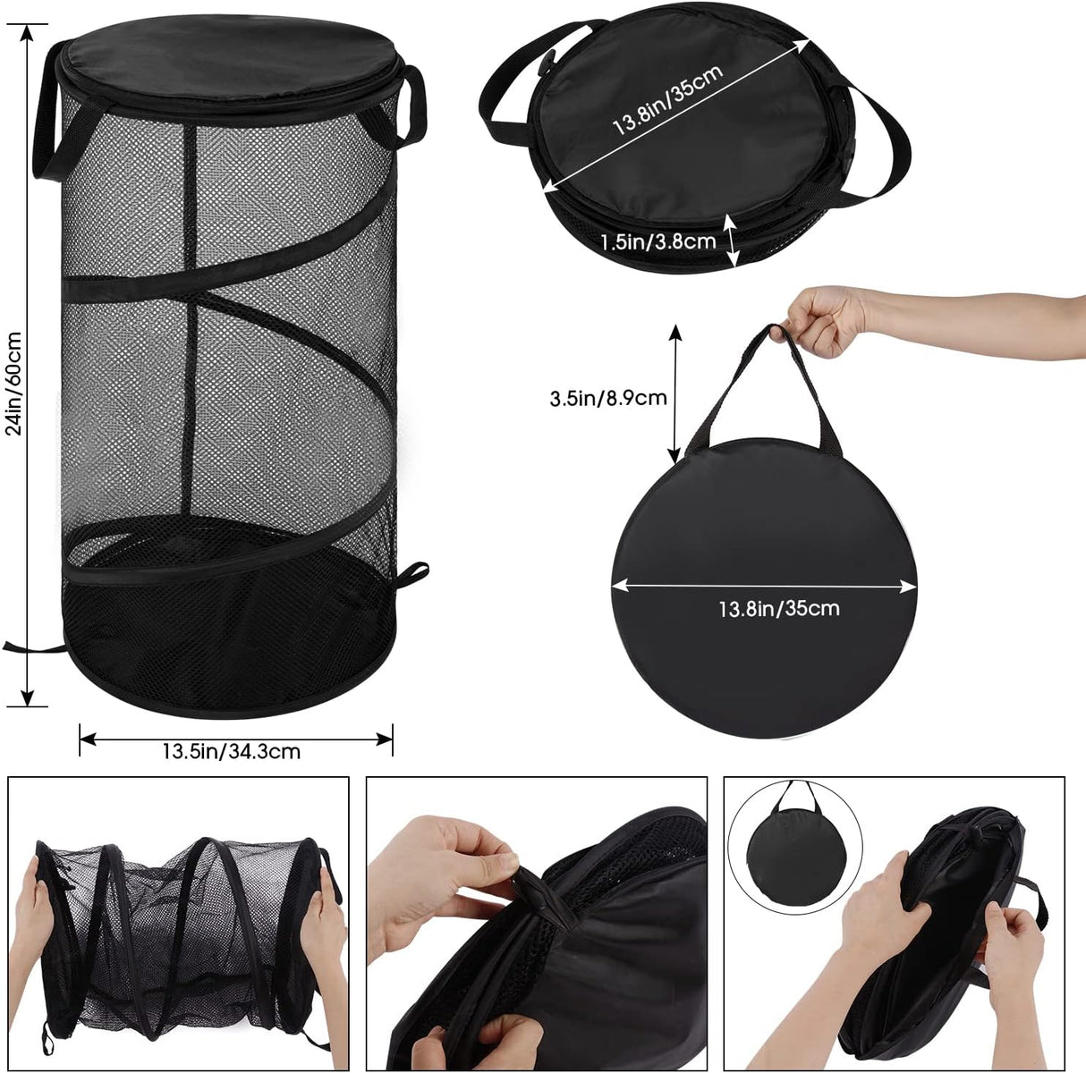 Large Collapsible Laundry Basket with Lid Foldable Mesh Pop Up Hamper with Handles for Laundry Room, Bathroom, Kids Room, College Dorm, Travel, Storage Organizer Black