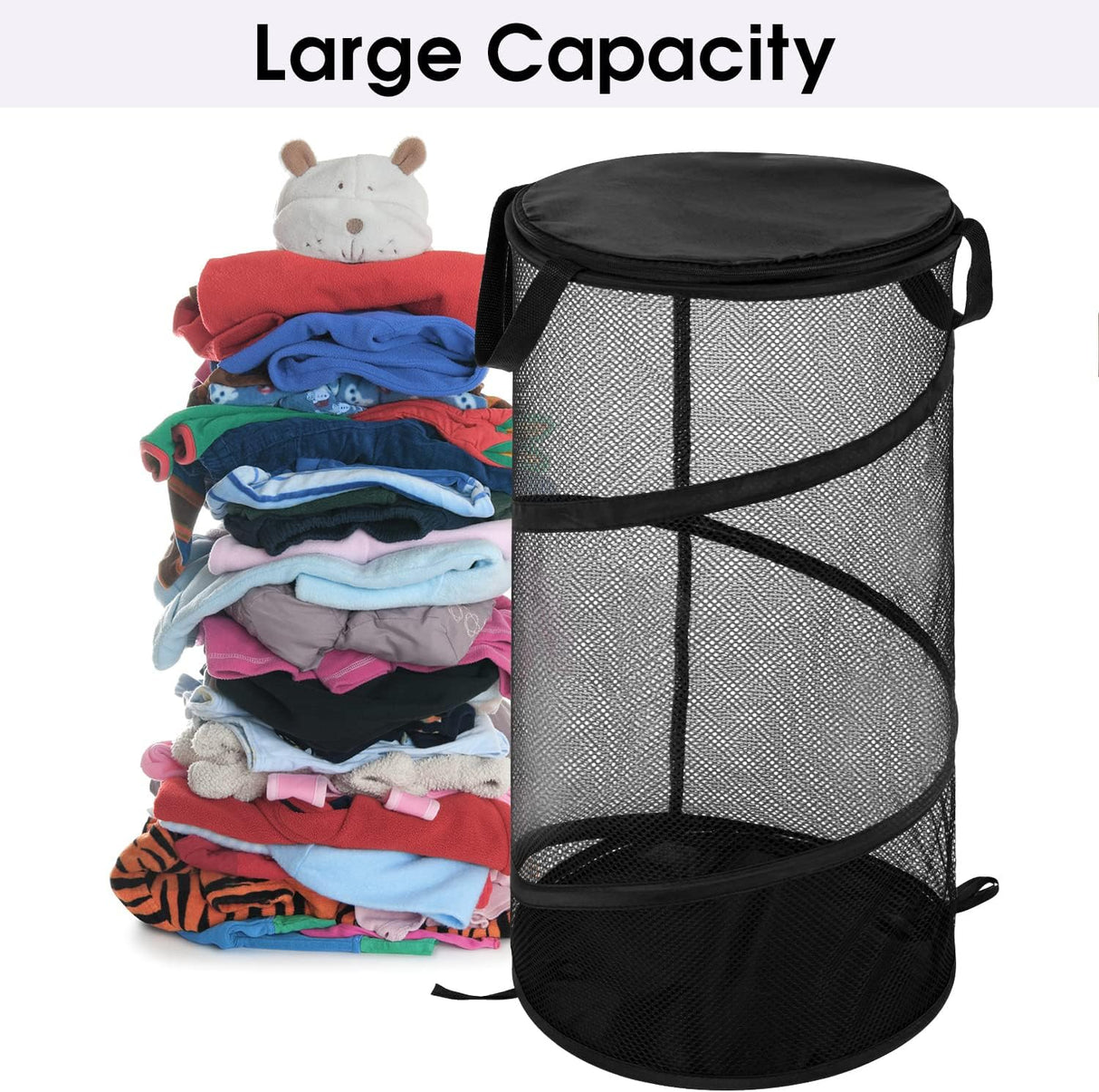 Large Collapsible Laundry Basket with Lid Foldable Mesh Pop Up Hamper with Handles for Laundry Room, Bathroom, Kids Room, College Dorm, Travel, Storage Organizer Black