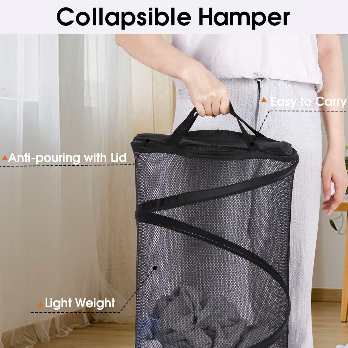 Large Collapsible Laundry Basket with Lid Foldable Mesh Pop Up Hamper with Handles for Laundry Room, Bathroom, Kids Room, College Dorm, Travel, Storage Organizer Black