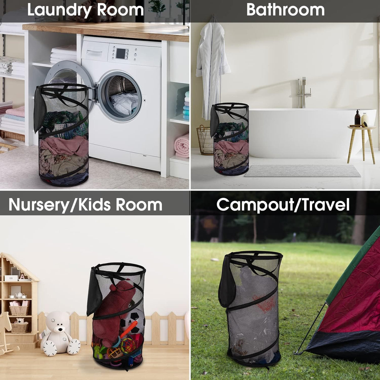 Large Collapsible Laundry Basket with Lid Foldable Mesh Pop Up Hamper with Handles for Laundry Room, Bathroom, Kids Room, College Dorm, Travel, Storage Organizer Black