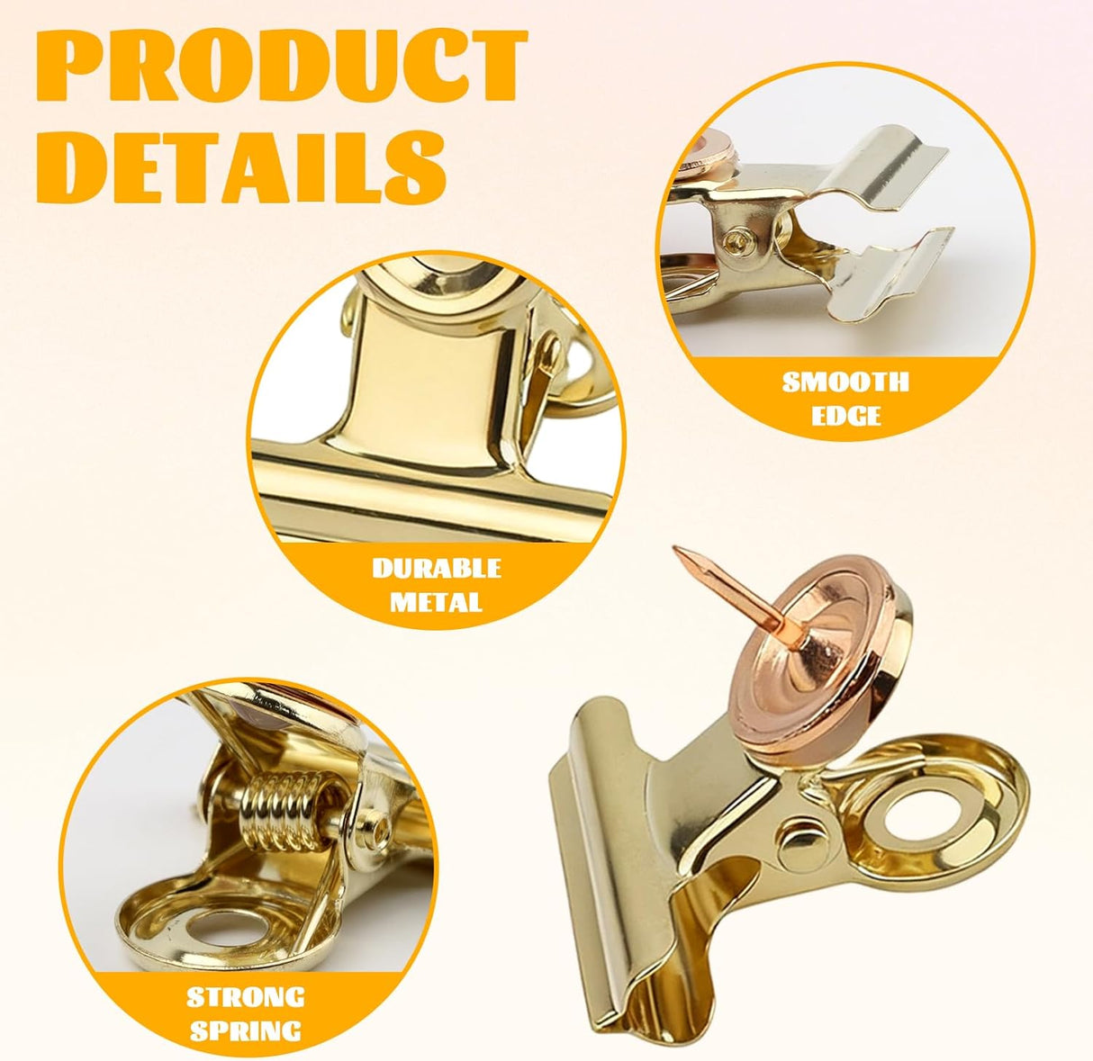 20Pcs Push Pins Clips Gold - Metal Bulldog Clips with Pushpin - Cork Board Thumb Tacks for Home Office School Artworks Projects on Cork Photos Documents on Bulletin Board - No Holes for The Paper