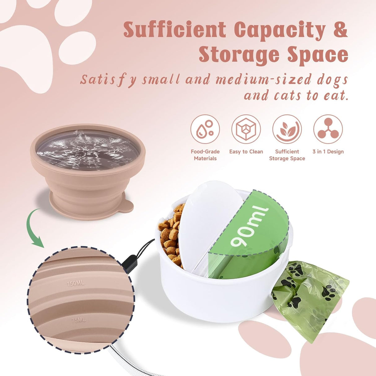 Collapsible Dog Bowl for Travel Double Feeder and Water Bowl with Lid and Carrying Strap