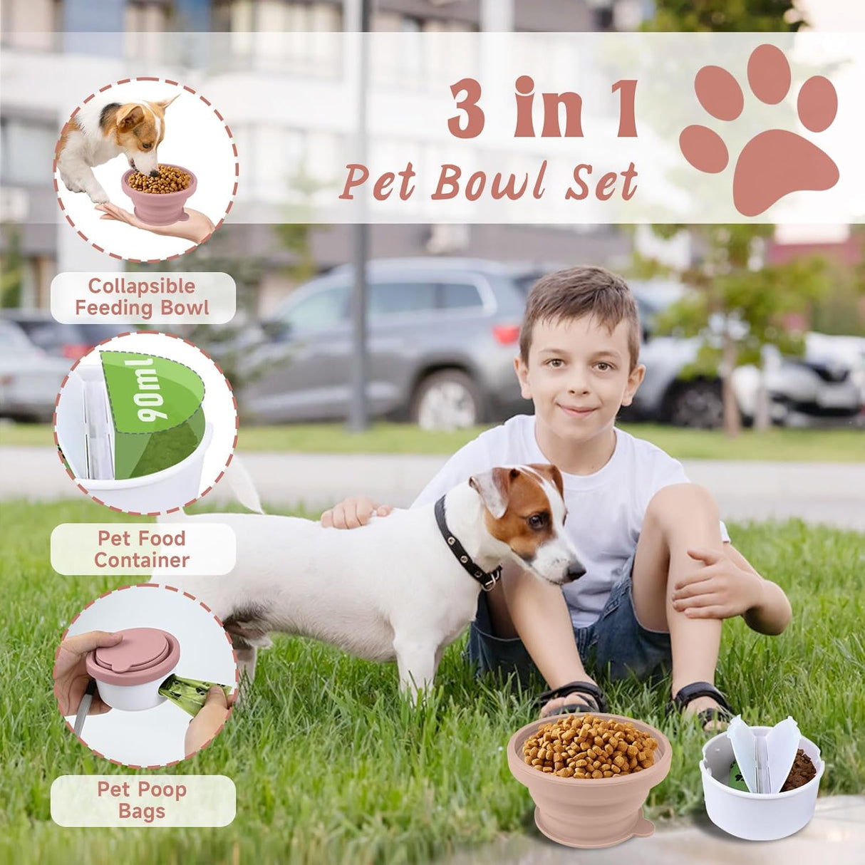 Collapsible Dog Bowl for Travel Double Feeder and Water Bowl with Lid and Carrying Strap