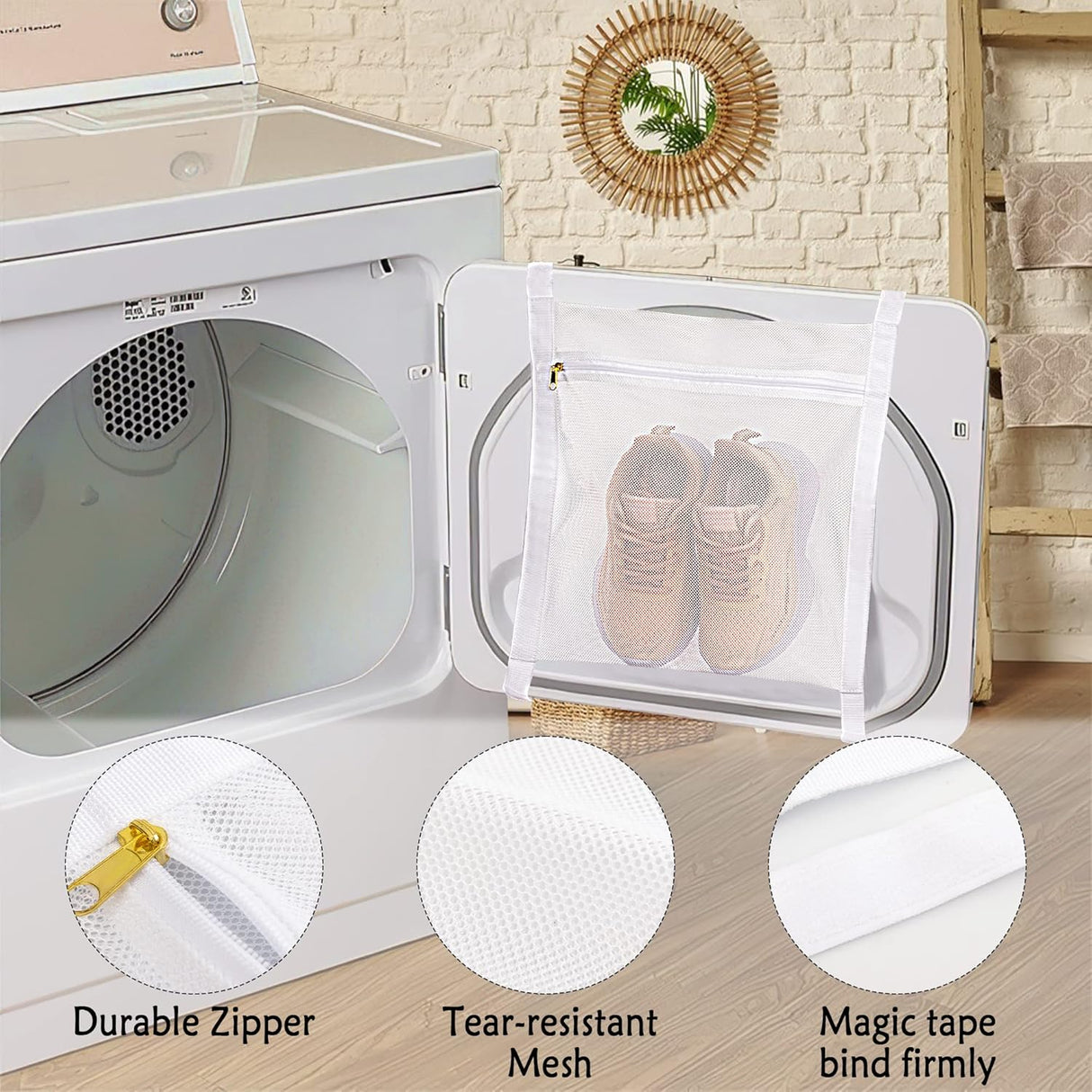 White Sports Shoe Washing and Drying Mesh Bag with Zipper and Straps - Durable Honeycomb Net Bag for Shoes Clothing Laundry - Reusable
