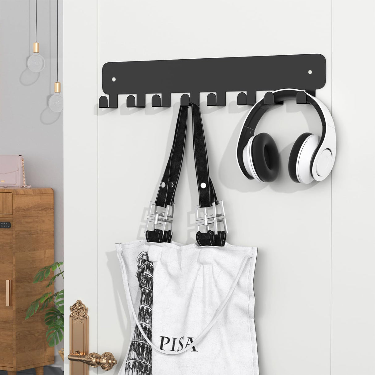 8 Hook Metal Key Rack Black Self-Adhesive or Screw Mount for Kitchen Office Hallway